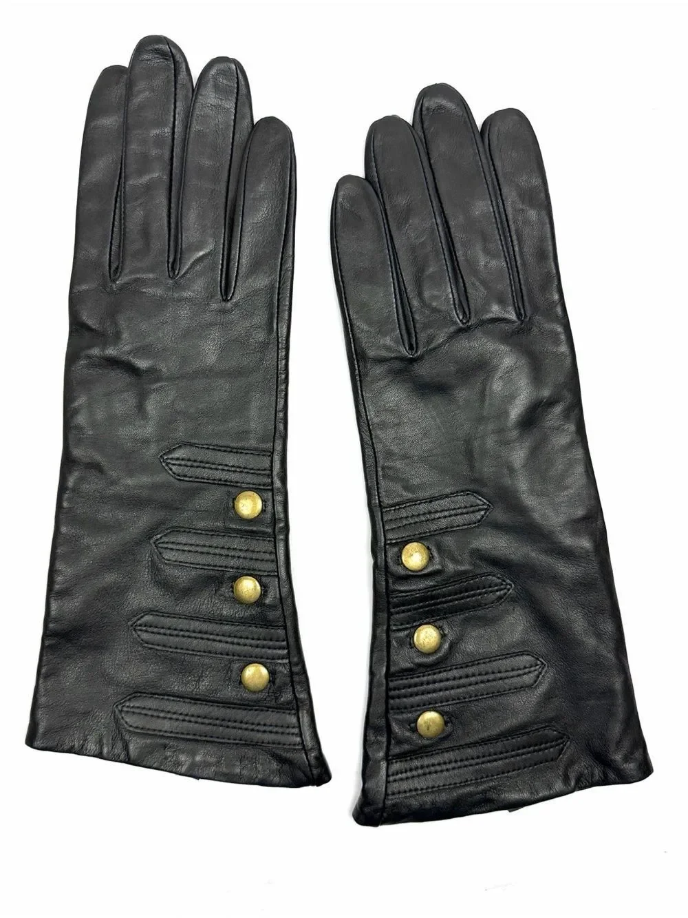 Mercer & Madison Black Leather Gloves Silk Lined XL 12” Long Brass Stud Accent